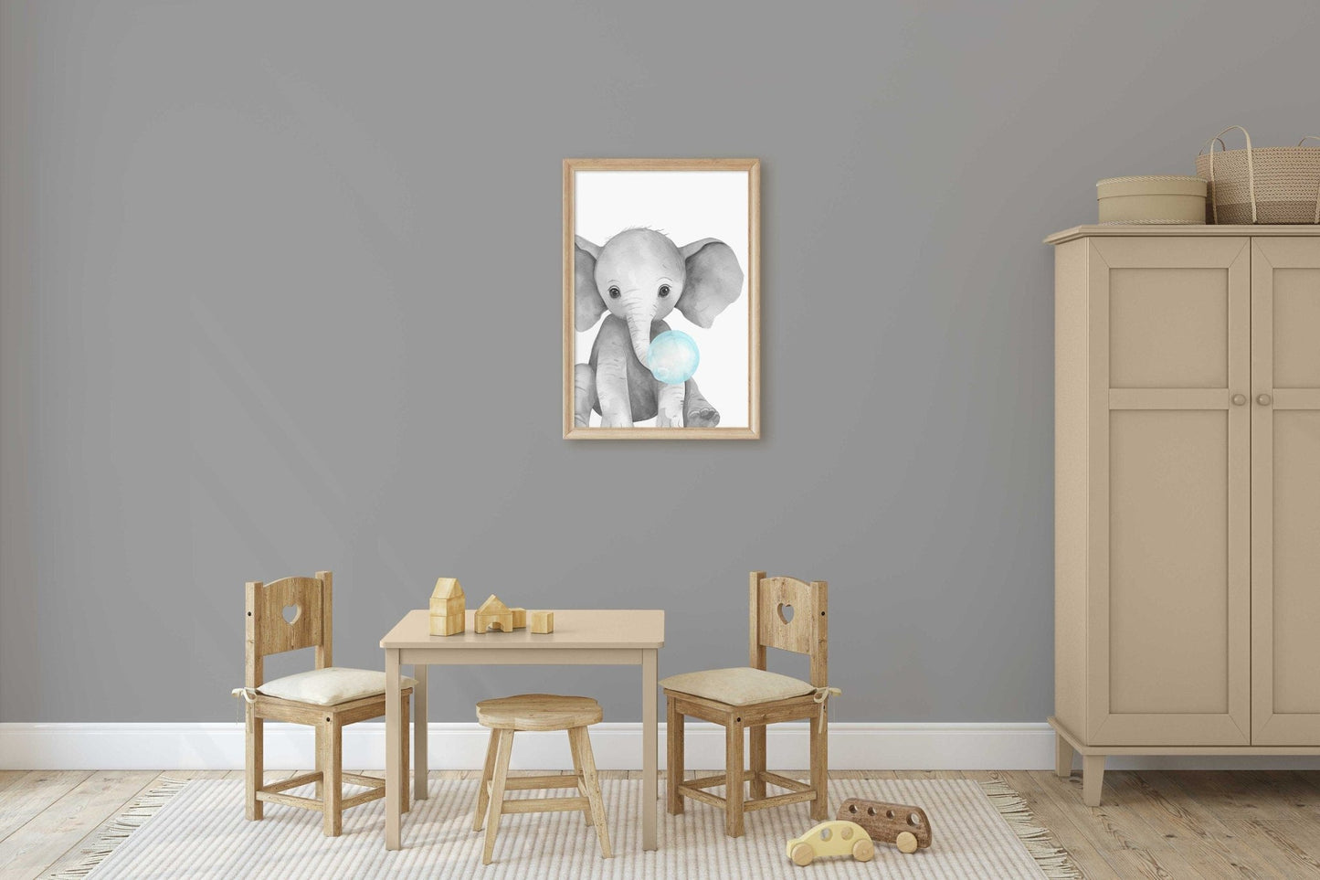 Elephant Bubblegum Print, Safari Animal Nursery Decor, Cute Animal Art - WildfieldPrints