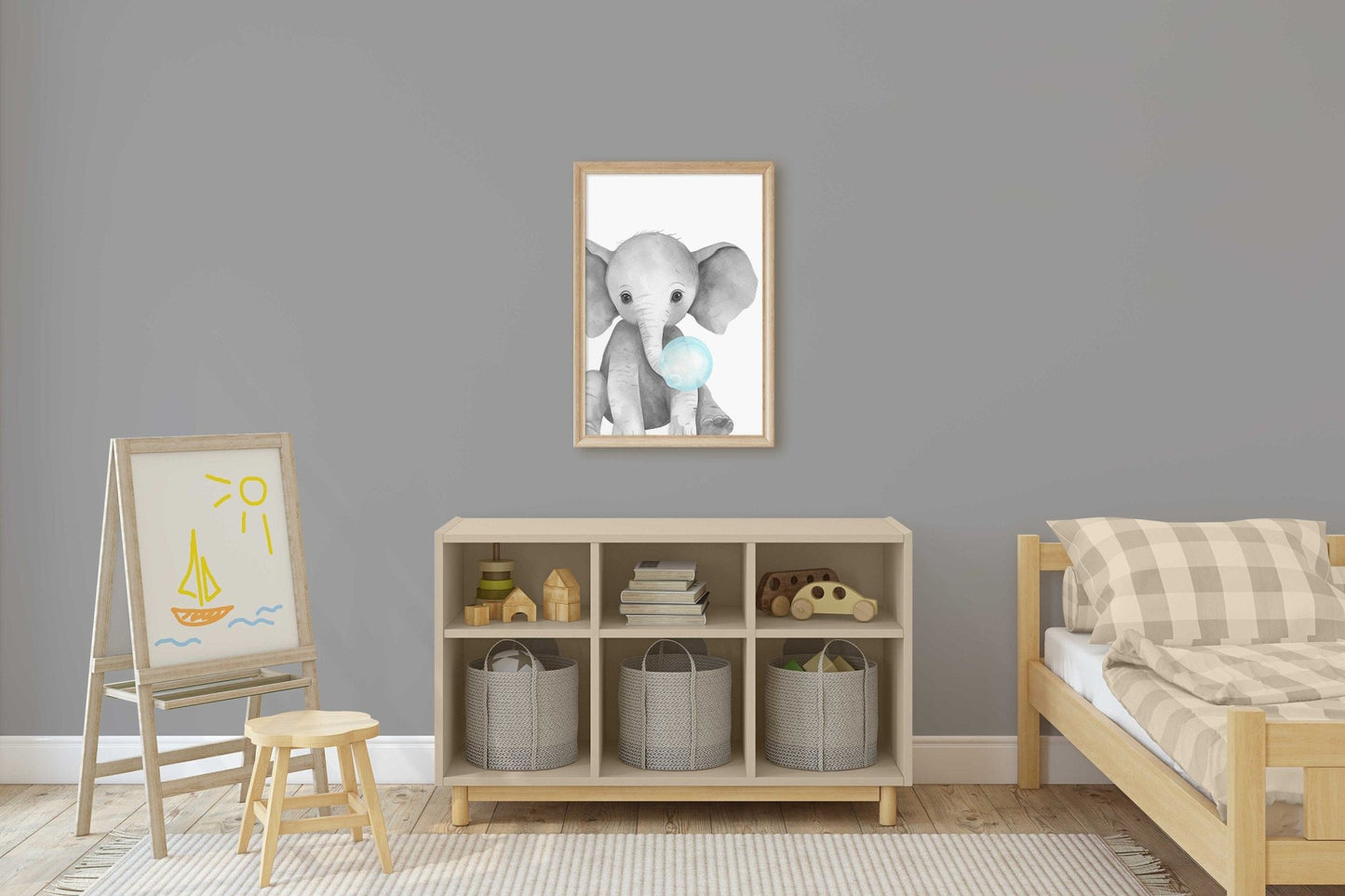 Elephant Bubblegum Print, Safari Animal Nursery Decor, Cute Animal Art - WildfieldPrints