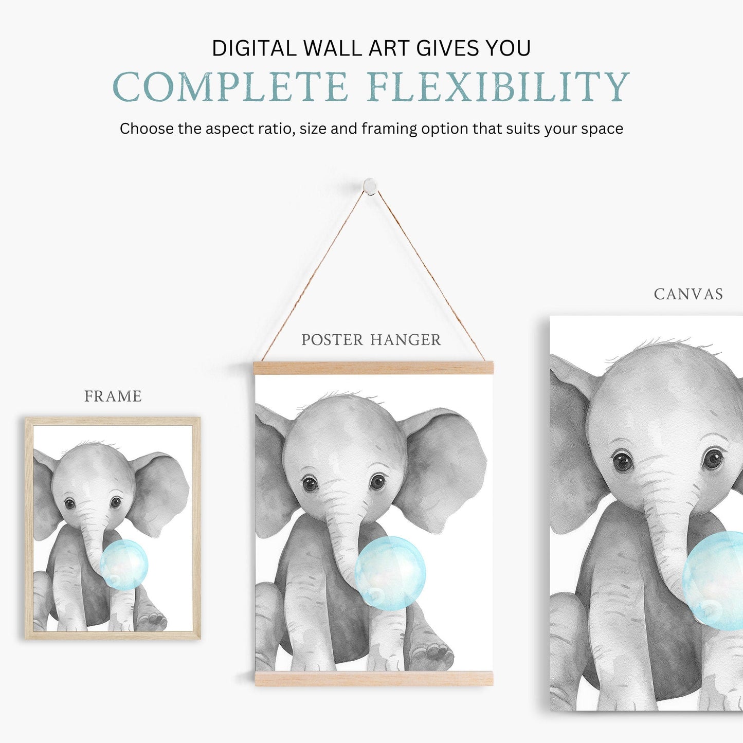 Elephant Bubblegum Print, Safari Animal Nursery Decor, Cute Animal Art - WildfieldPrints