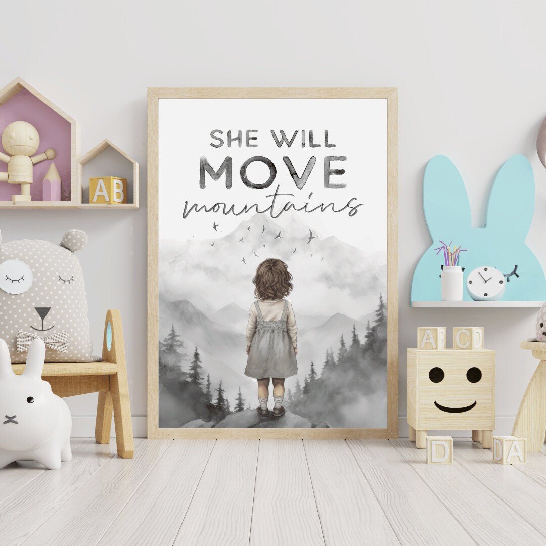 Empowering Girls Nursery Decor, She Will Move Mountains, Quote Print - WildfieldPrints