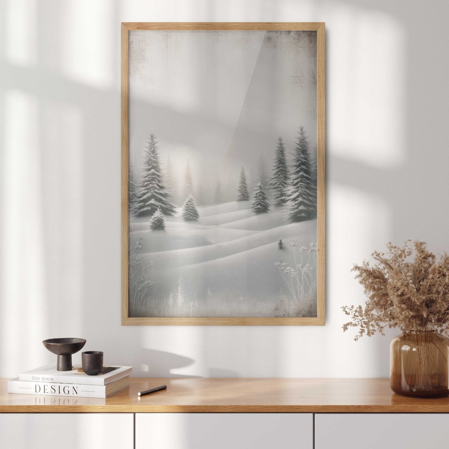 Enchanting Winter Landscape, Vintage Snowy Forest & Sun Wall Decor - WildfieldPrints