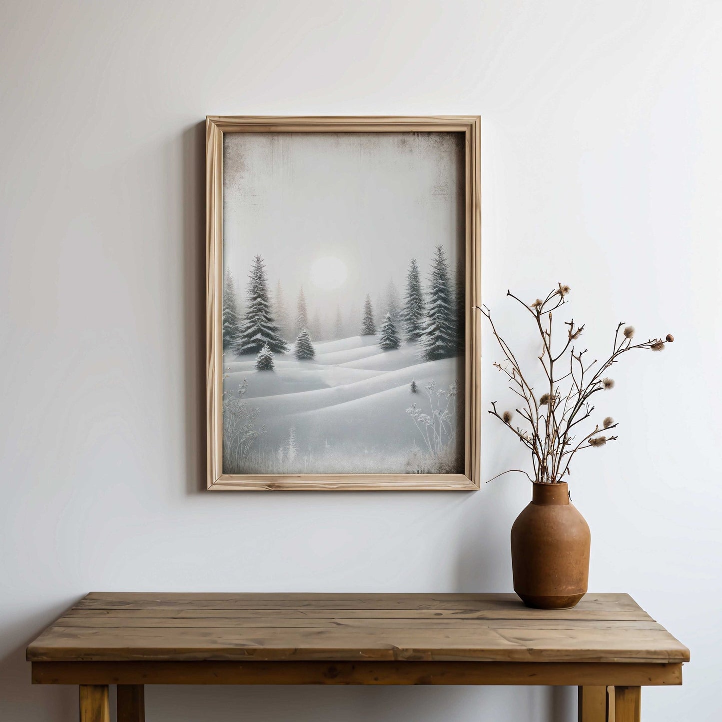 Enchanting Winter Landscape, Vintage Snowy Forest & Sun Wall Decor - WildfieldPrints
