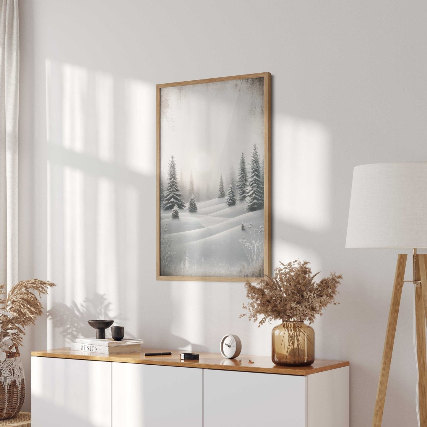 Enchanting Winter Landscape, Vintage Snowy Forest & Sun Wall Decor - WildfieldPrints