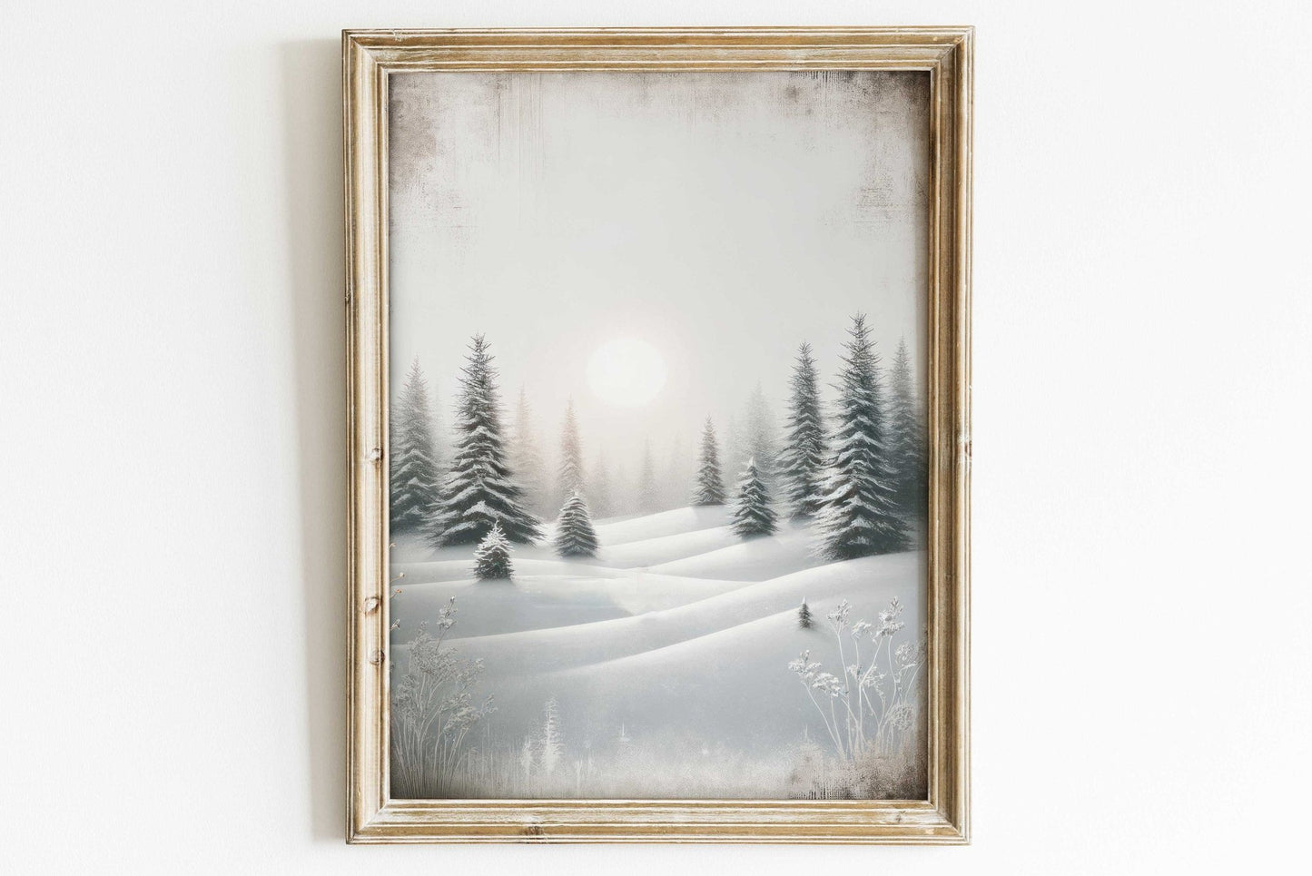 Enchanting Winter Landscape, Vintage Snowy Forest & Sun Wall Decor - WildfieldPrints