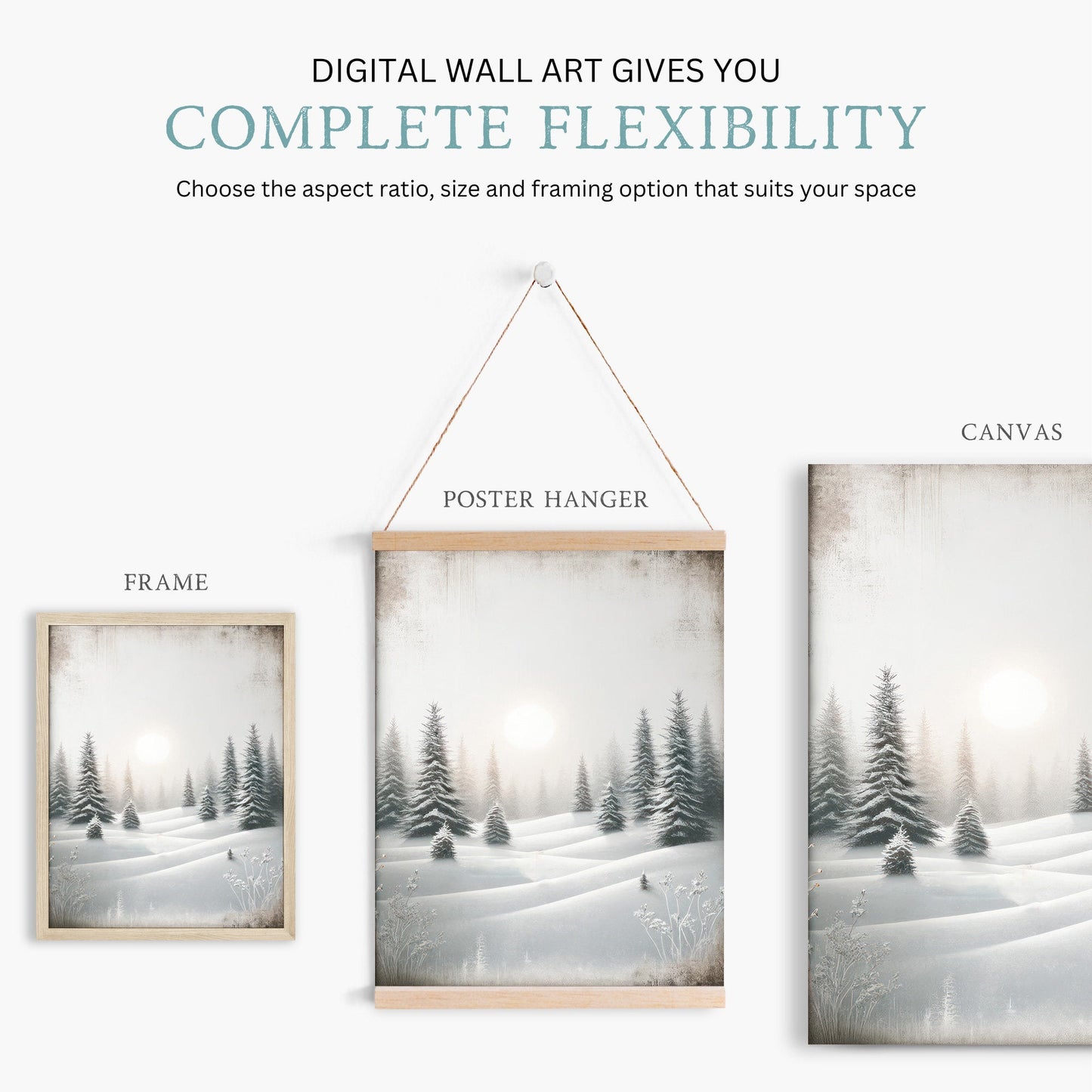 Enchanting Winter Landscape, Vintage Snowy Forest & Sun Wall Decor - WildfieldPrints