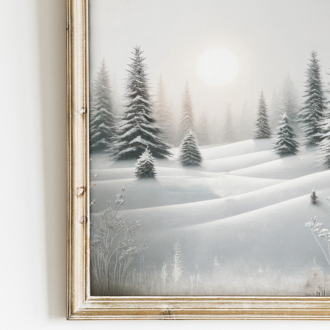 Enchanting Winter Landscape, Vintage Snowy Forest & Sun Wall Decor - WildfieldPrints