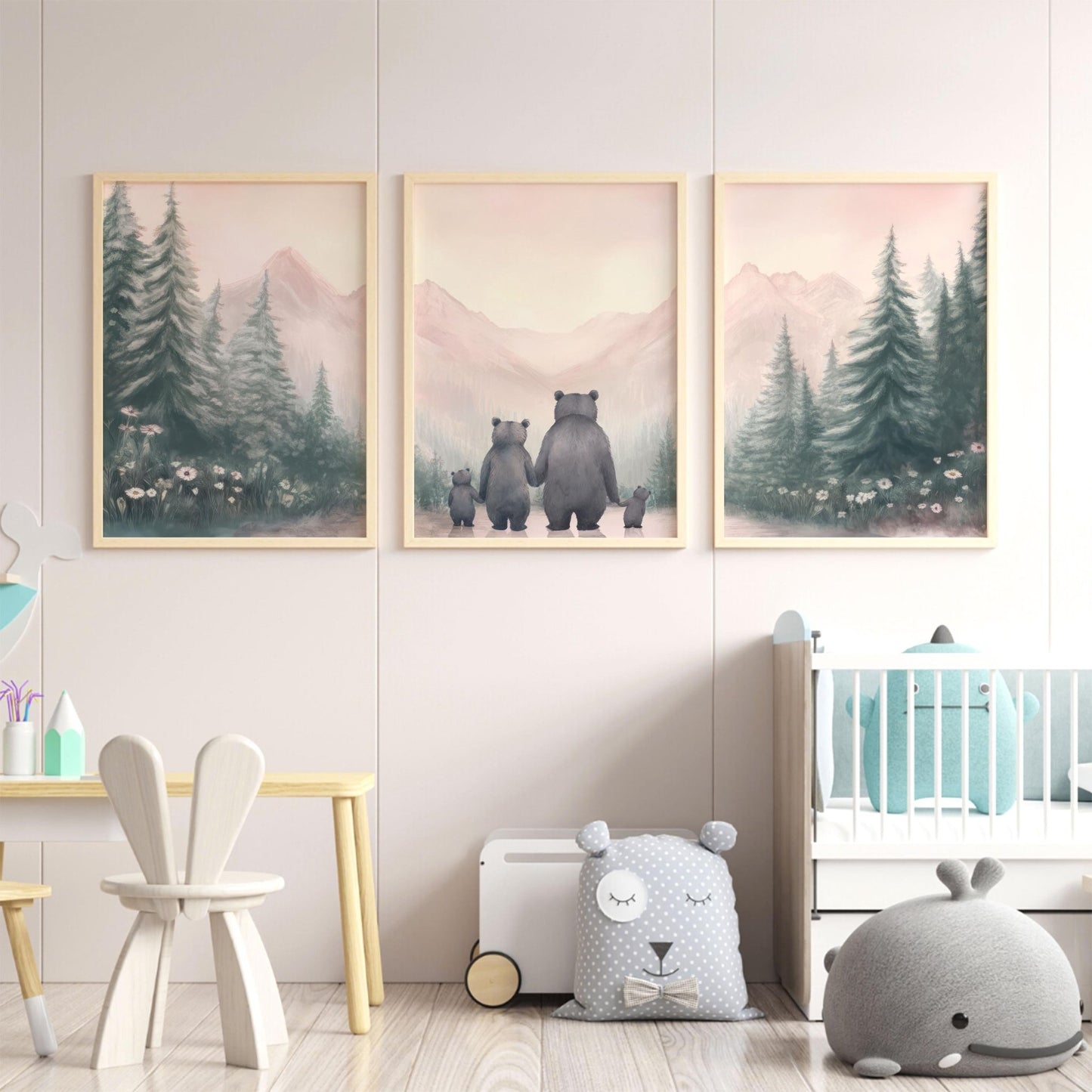 Family Bear Wall Art, Girl Nursery Decor, Animal Family Portrait - WildfieldPrints