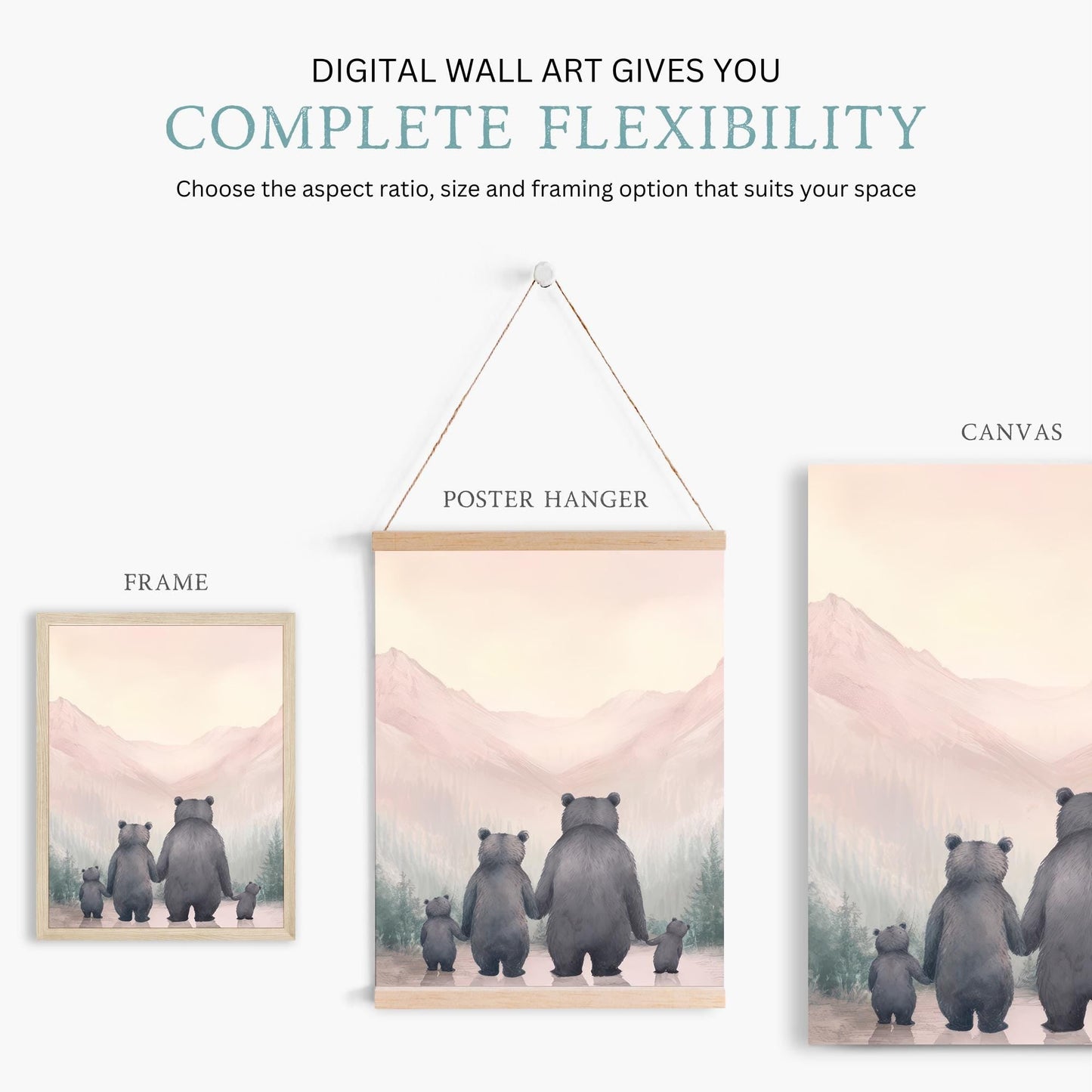 Family Bear Wall Art, Girl Nursery Decor, Animal Family Portrait - WildfieldPrints