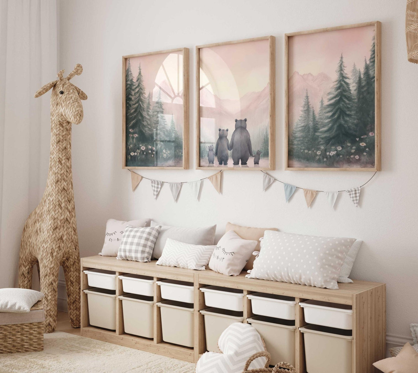 Family Bear Wall Art, Girl Nursery Decor, Animal Family Portrait - WildfieldPrints