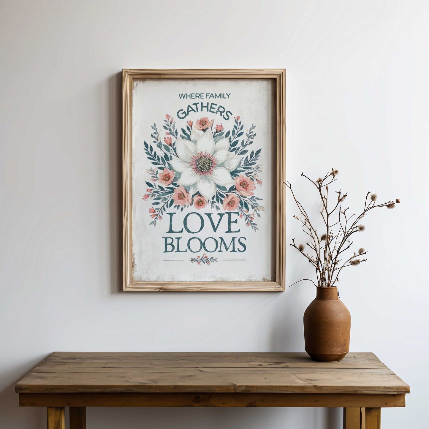 Family Quote Print, Vintage Wall Art, Rustic Kitchen Decor, Floral Design - WildfieldPrints