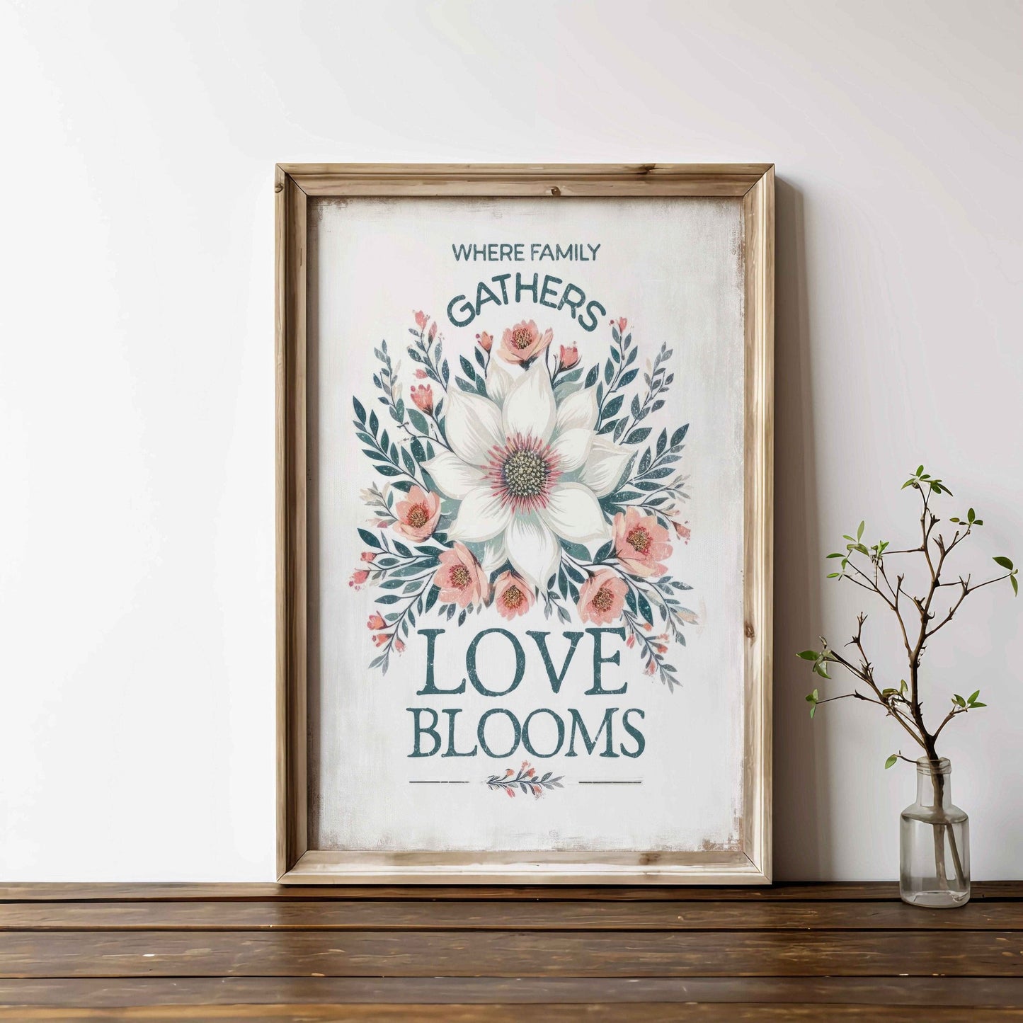 Family Quote Print, Vintage Wall Art, Rustic Kitchen Decor, Floral Design - WildfieldPrints