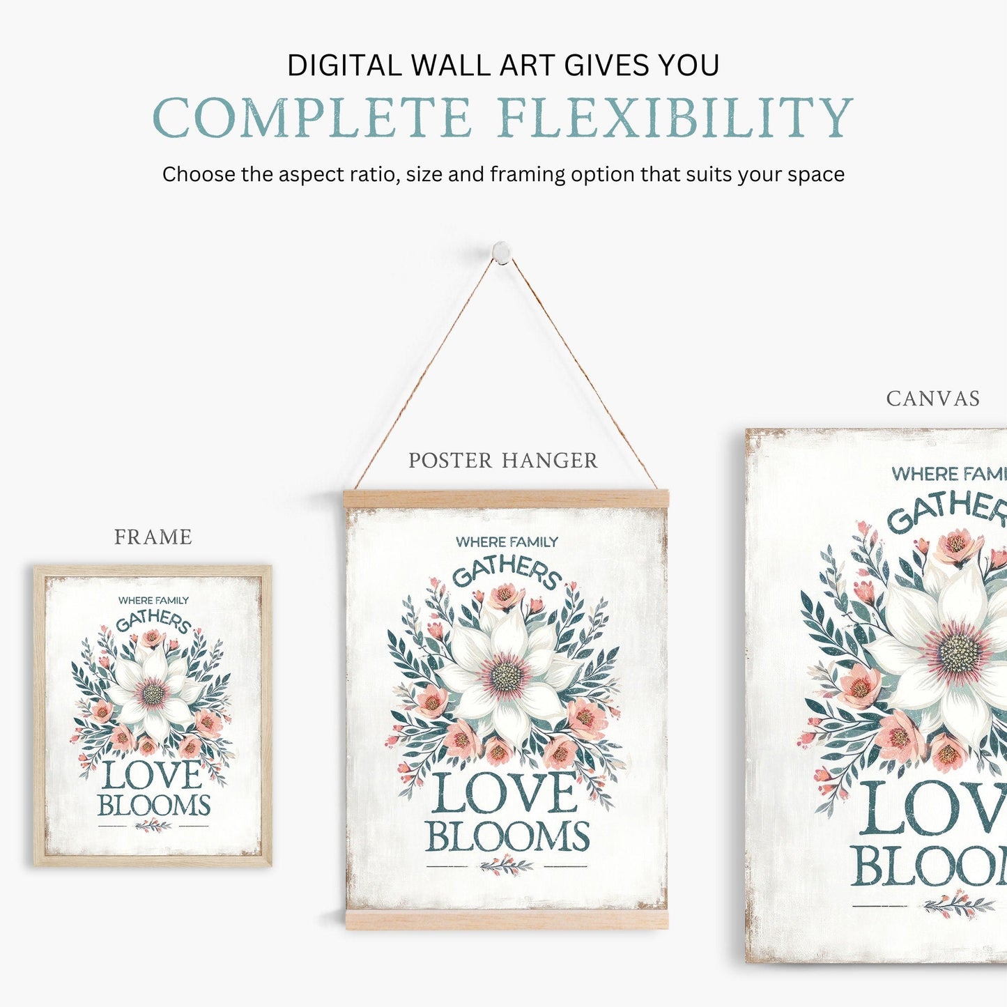 Family Quote Print, Vintage Wall Art, Rustic Kitchen Decor, Floral Design - WildfieldPrints