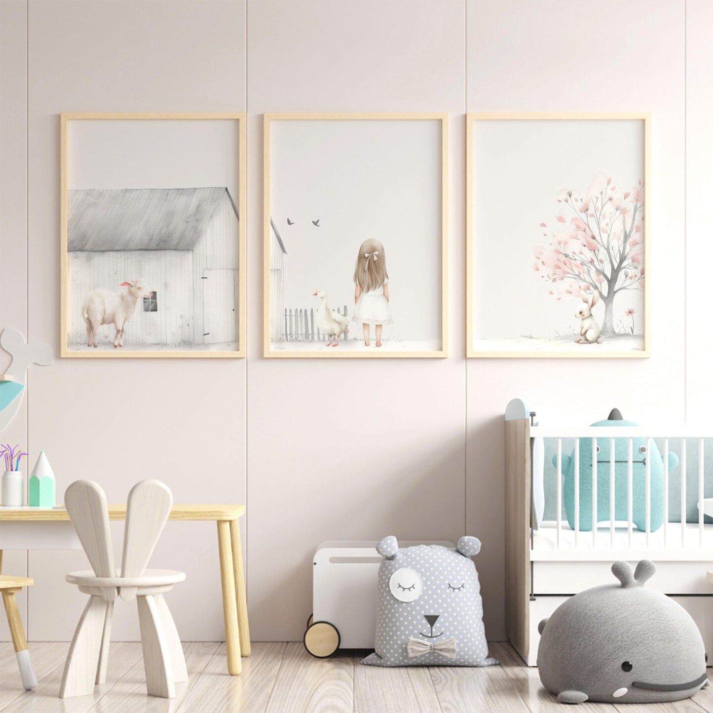 Farm Animal Nursery Decor, Little Farm Girl, Goose, Lamb & Bunny - WildfieldPrints