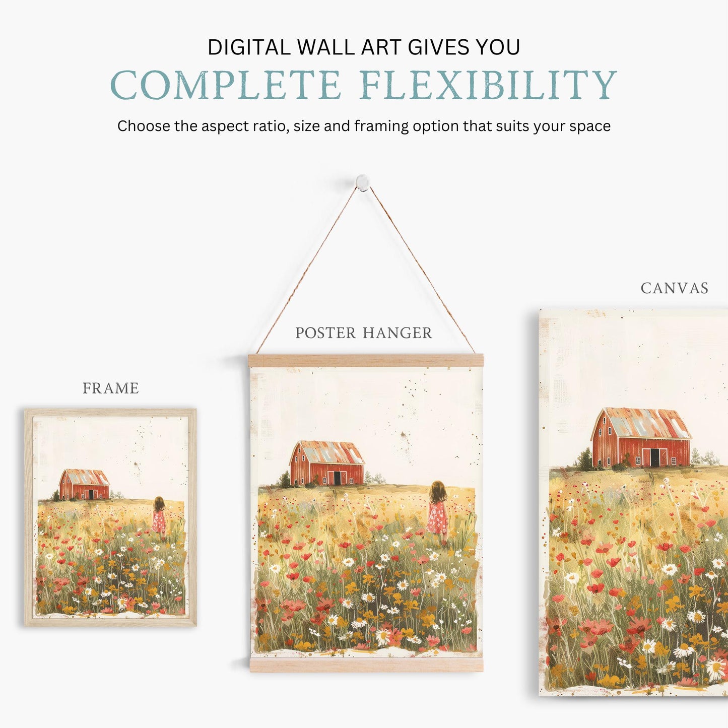 Farm Nursery Decor Girl, Red Barn Painting, Country Wall Decor, Wildflower Field Art, Farmhouse Nursery, Set of 3, Printable Country Art - My Store