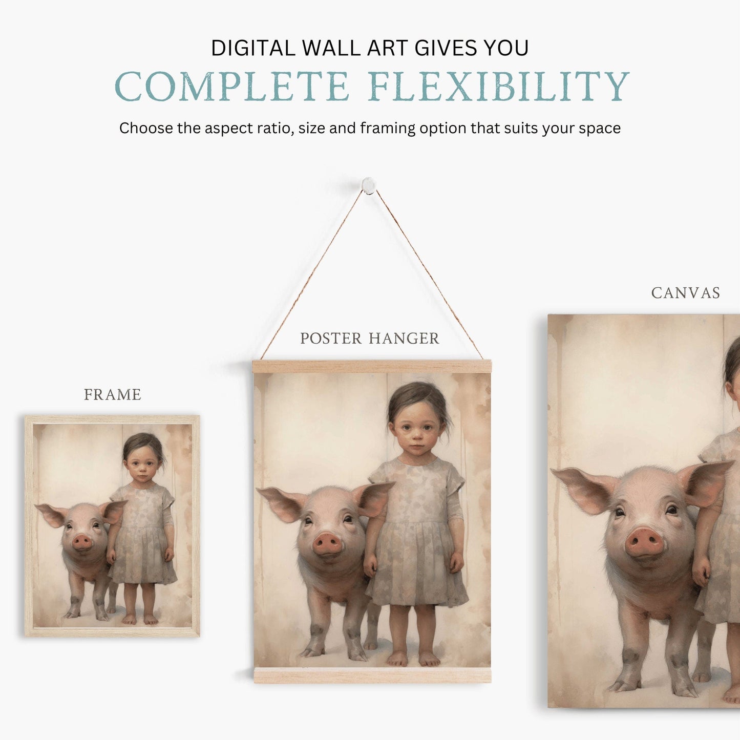 Farmhouse Animal Nursery Decor, Vintage Pig & Girl Wall Art - WildfieldPrints