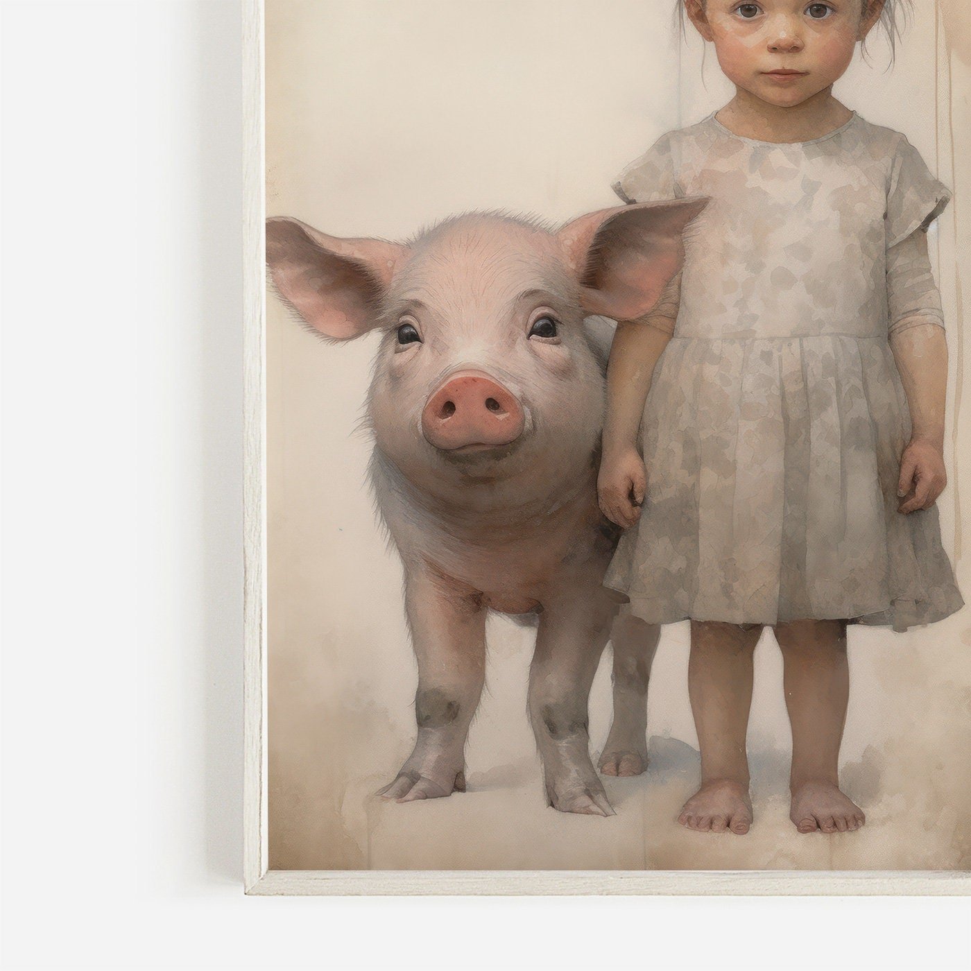 Farmhouse Animal Nursery Decor, Vintage Pig & Girl Wall Art - WildfieldPrints
