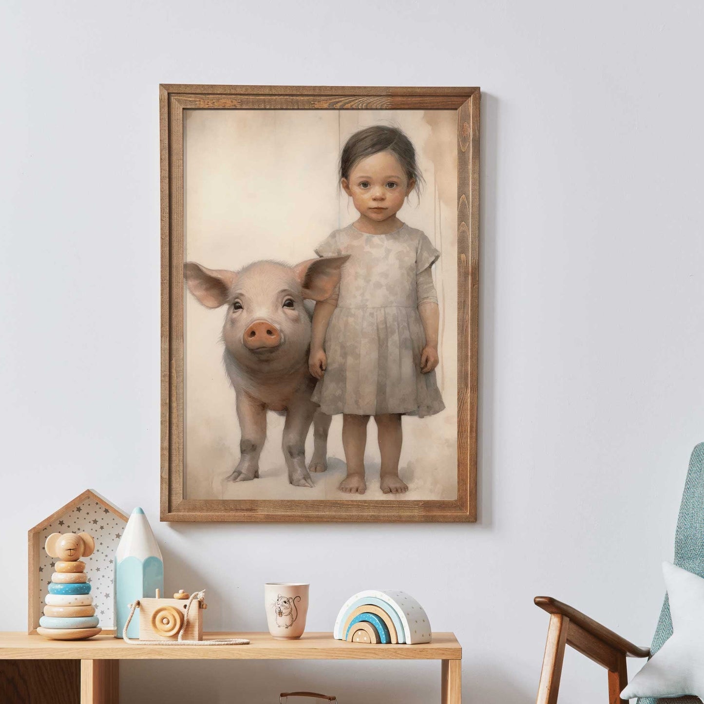 Farmhouse Animal Nursery Decor, Vintage Pig & Girl Wall Art - WildfieldPrints