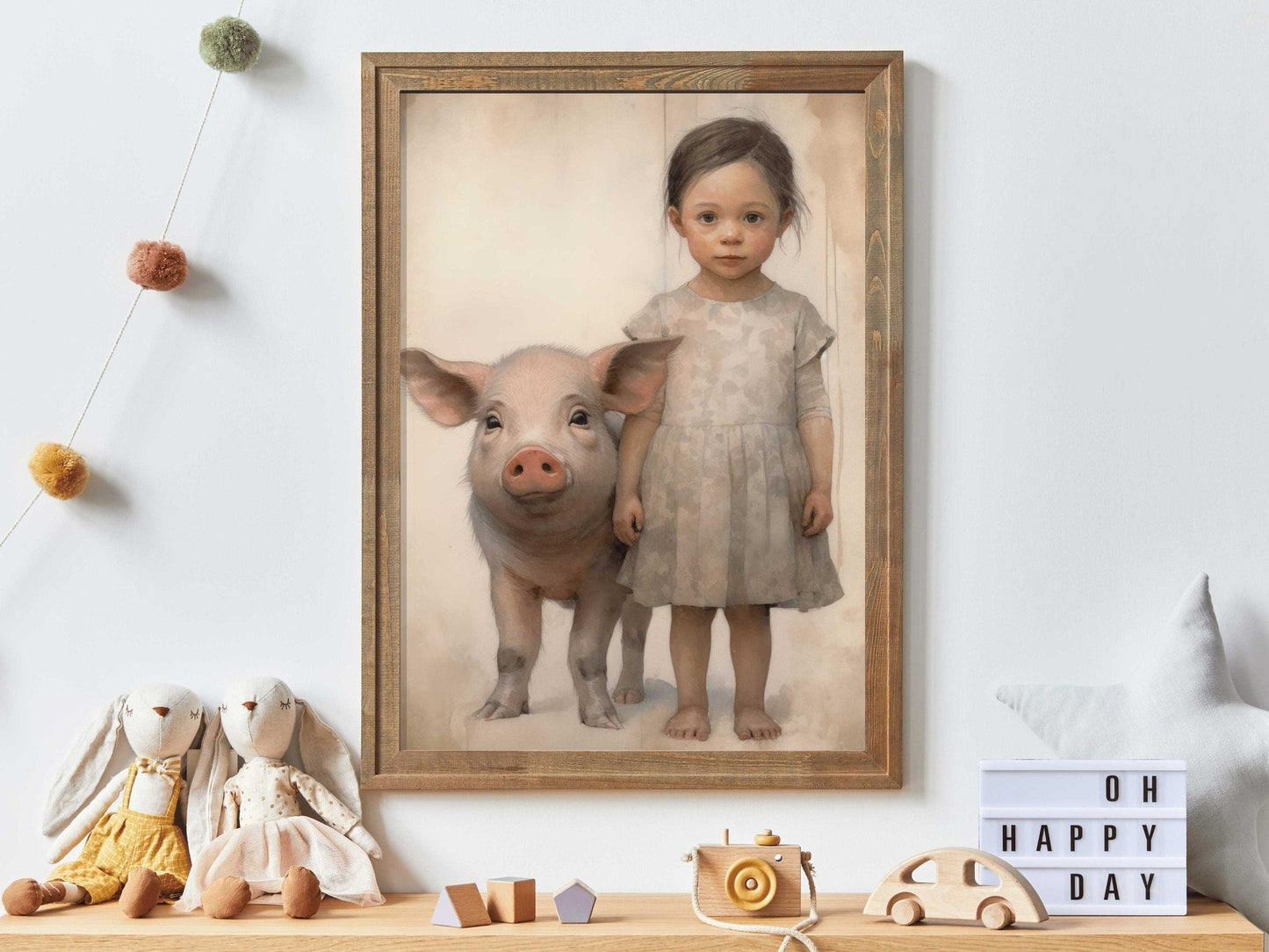Farmhouse Animal Nursery Decor, Vintage Pig & Girl Wall Art - WildfieldPrints