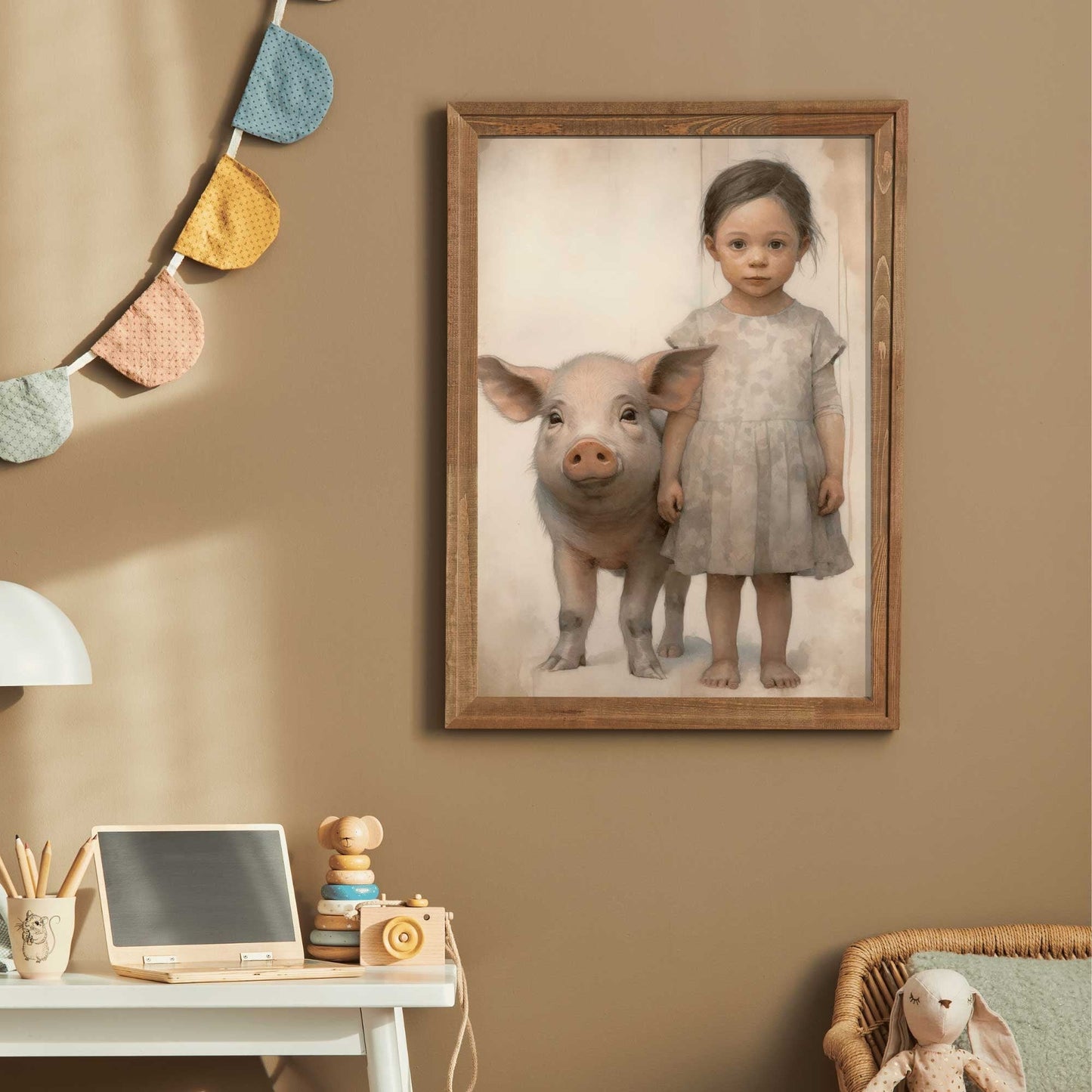 Farmhouse Animal Nursery Decor, Vintage Pig & Girl Wall Art - WildfieldPrints