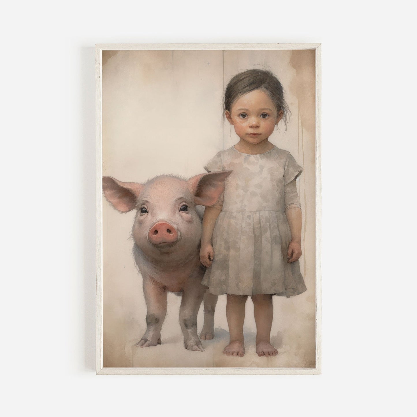 Farmhouse Animal Nursery Decor, Vintage Pig & Girl Wall Art - WildfieldPrints