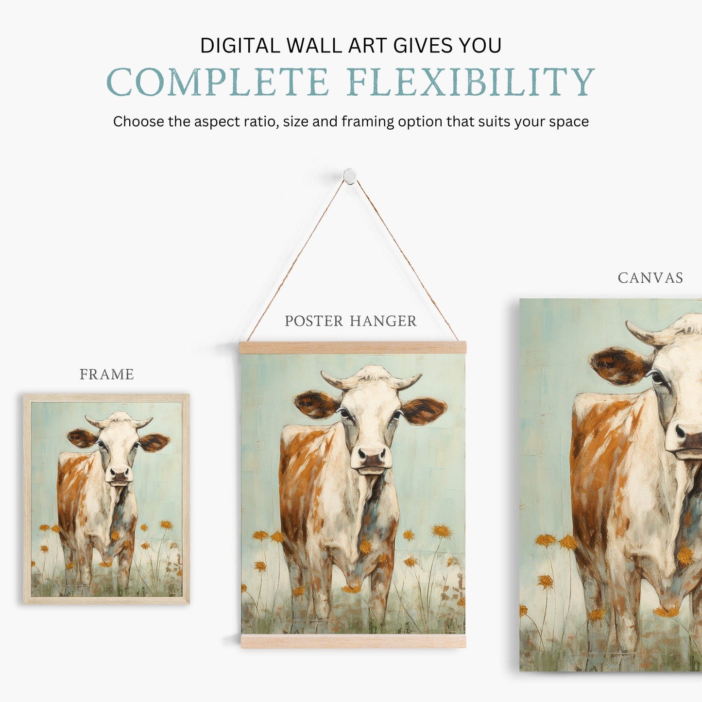 Farmhouse Cow Wall Art, Rustic Home Decor, Farm Animal Print - WildfieldPrints