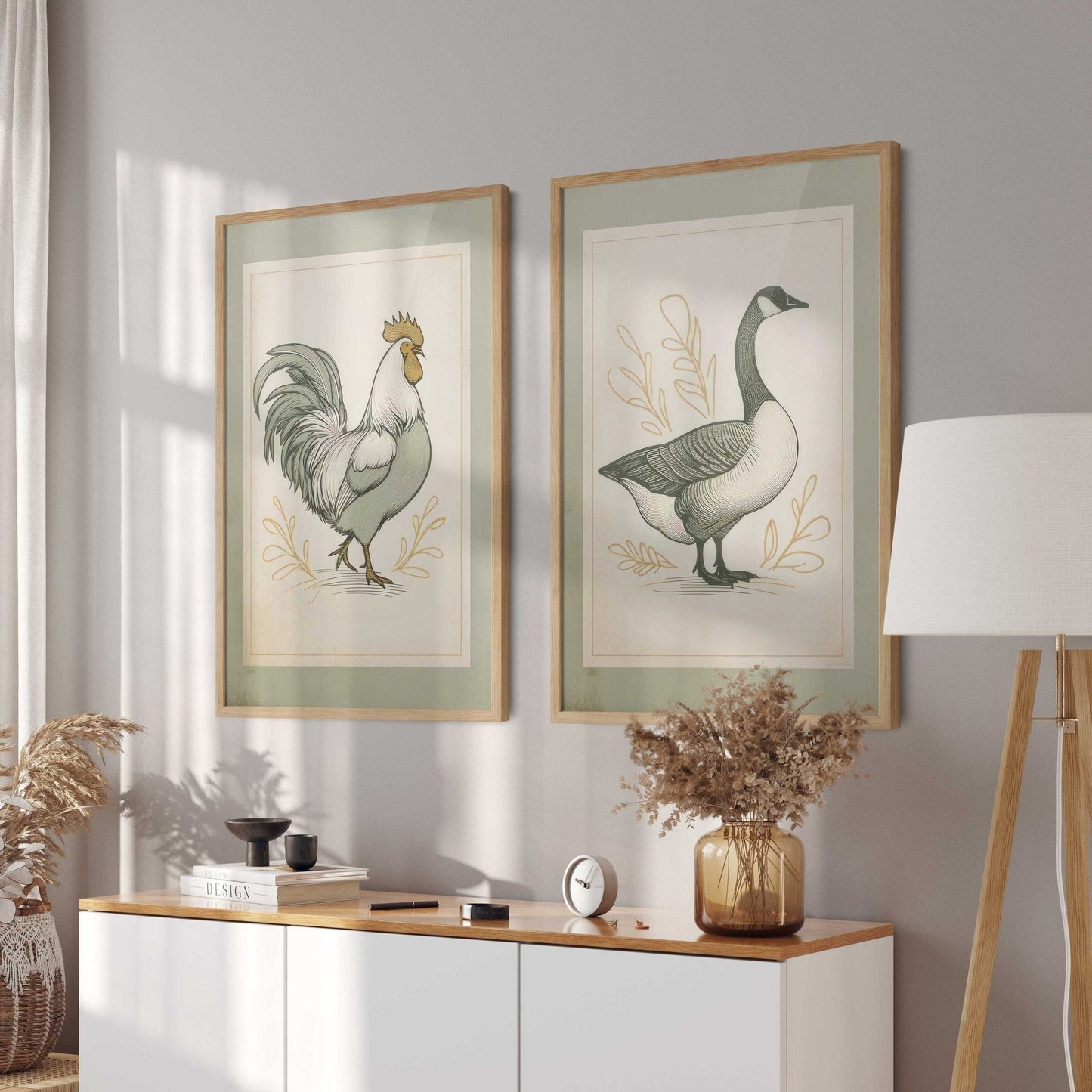 Farmhouse Goose & Rooster Wall Art, Vintage Animal Prints, Set of 2 - WildfieldPrints