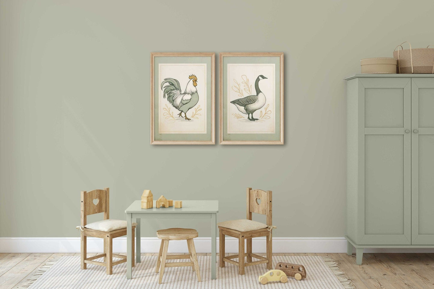 Farmhouse Goose & Rooster Wall Art, Vintage Animal Prints, Set of 2 - WildfieldPrints