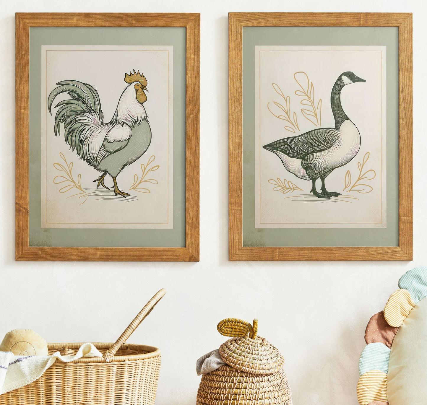 Farmhouse Goose & Rooster Wall Art, Vintage Animal Prints, Set of 2 - WildfieldPrints