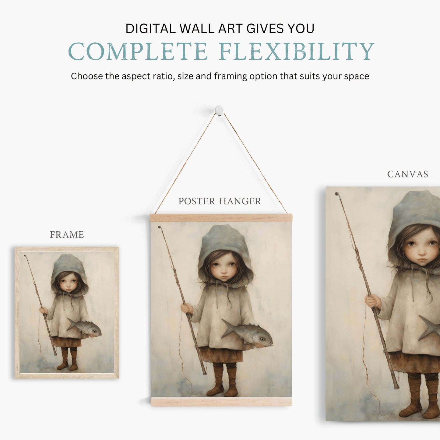 Fishing Nursery Decor, Cute Girl with Fish and Rod, Kids Wall Art - WildfieldPrints