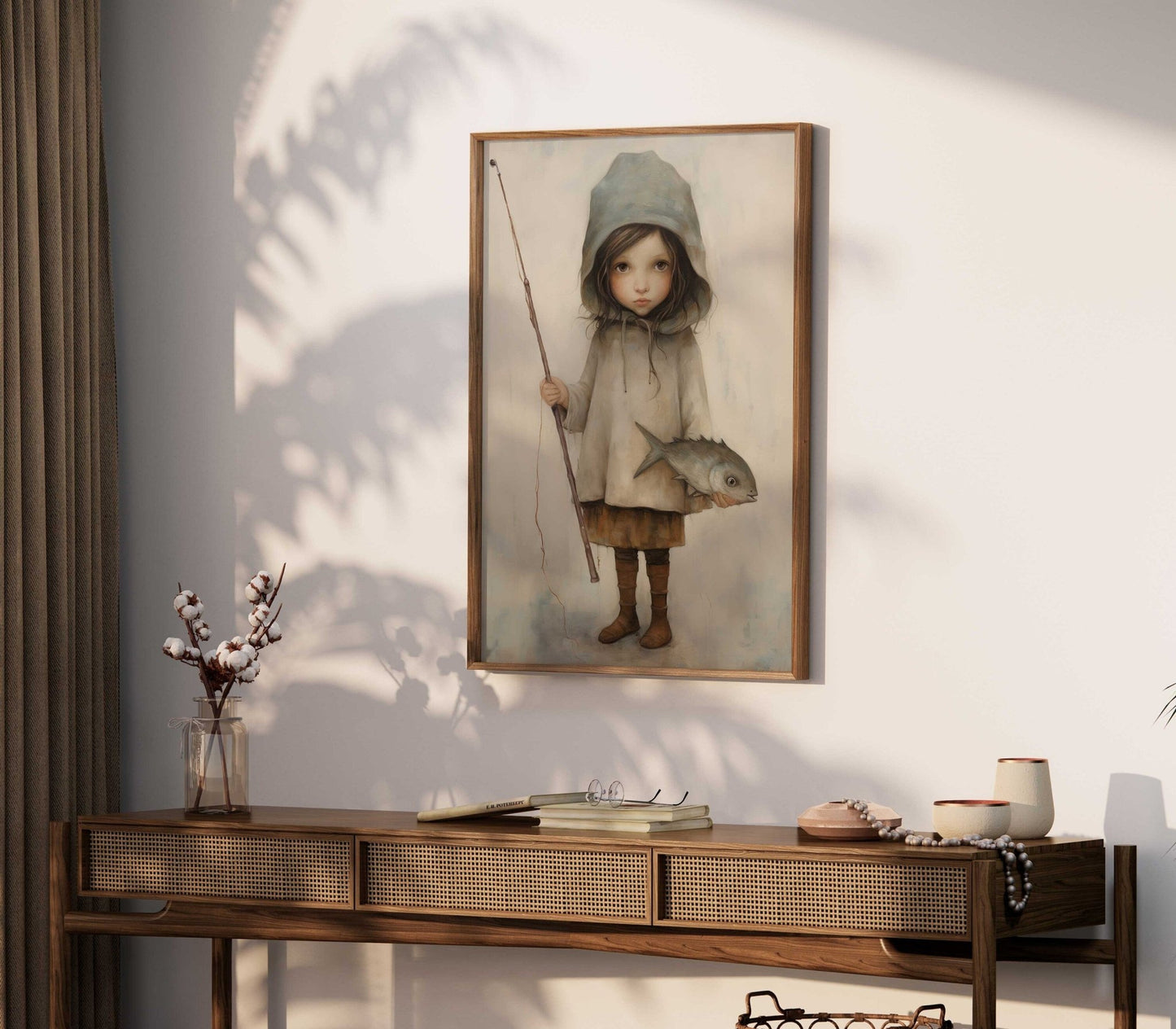 Fishing Nursery Decor, Cute Girl with Fish and Rod, Kids Wall Art - WildfieldPrints
