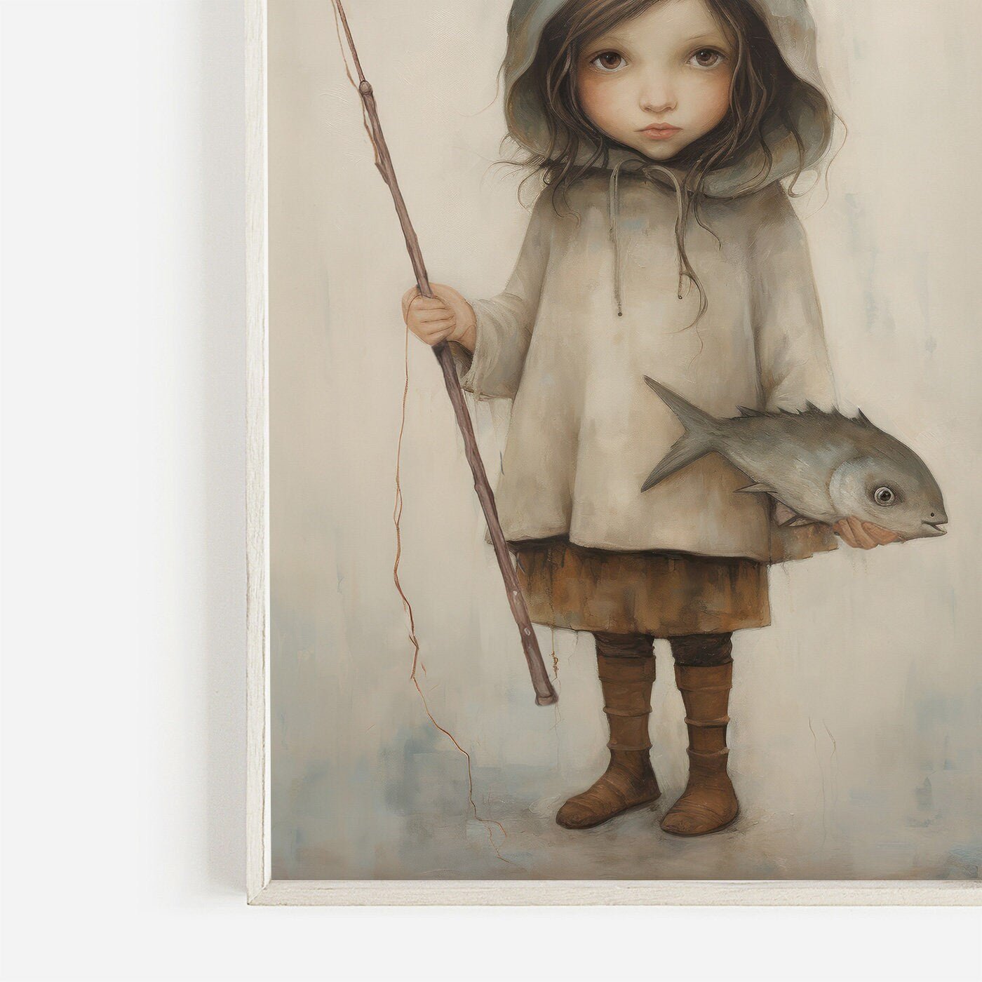 Fishing Nursery Decor, Cute Girl with Fish and Rod, Kids Wall Art - WildfieldPrints