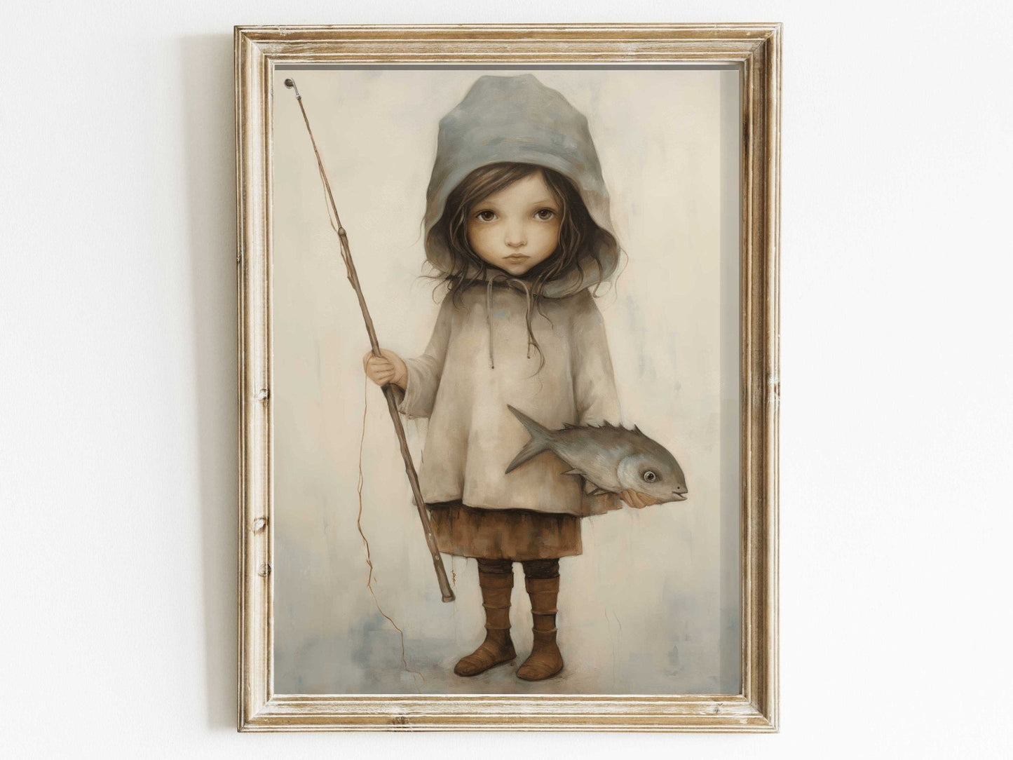 Fishing Nursery Decor, Cute Girl with Fish and Rod, Kids Wall Art - WildfieldPrints