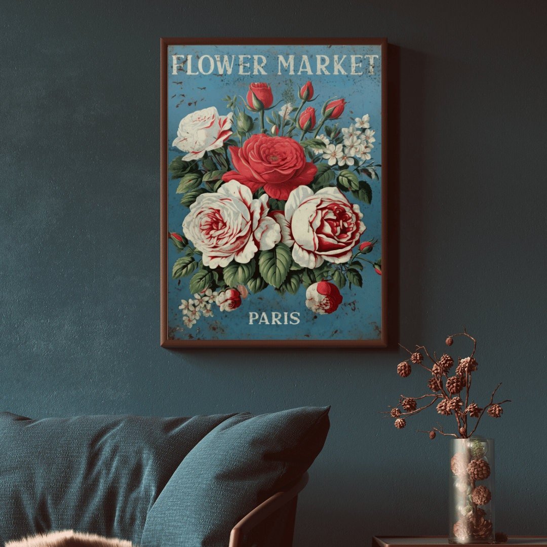 Flower Market Paris Print, Vintage French Decor, Rustic Floral Art - WildfieldPrints