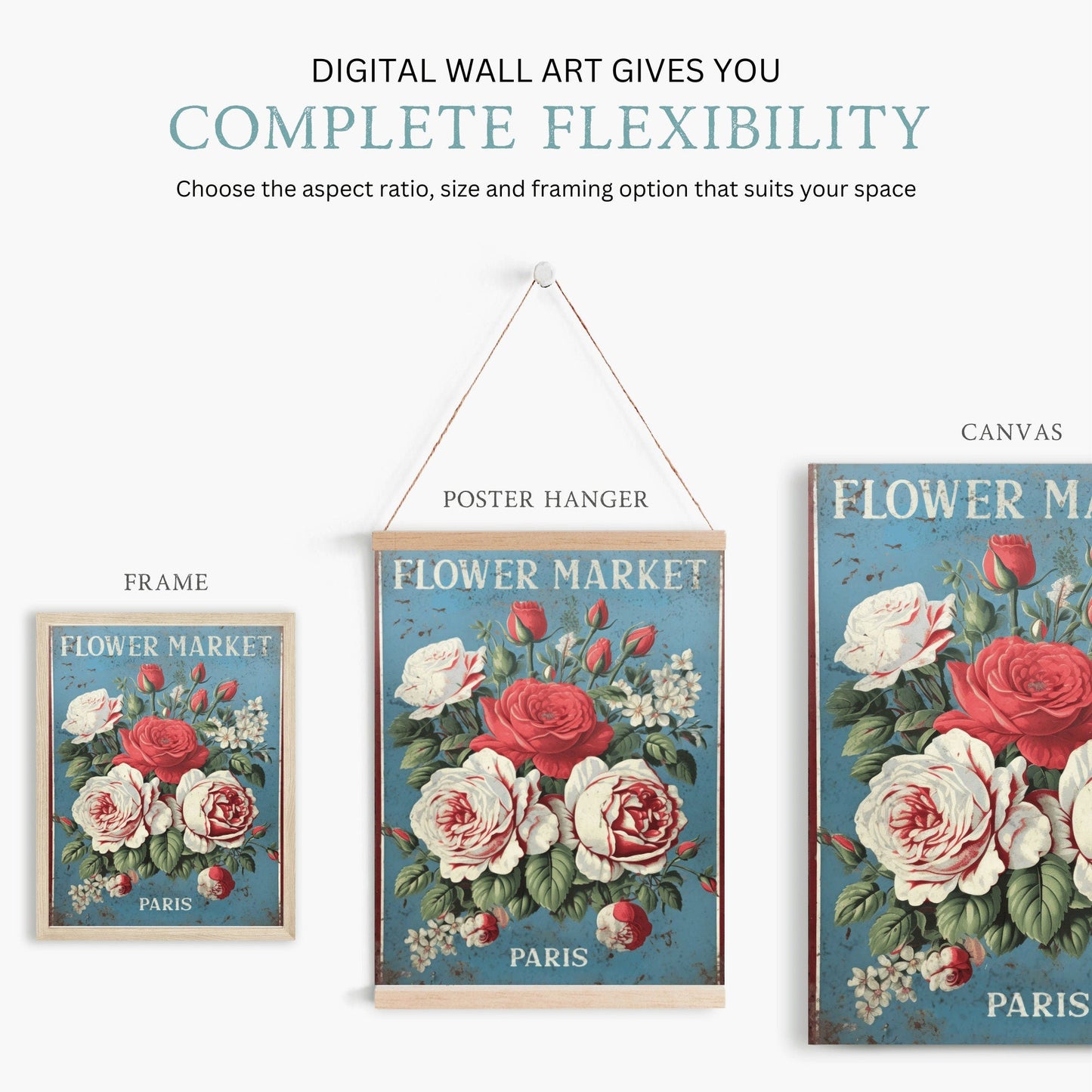 Flower Market Paris Print, Vintage French Decor, Rustic Floral Art - WildfieldPrints