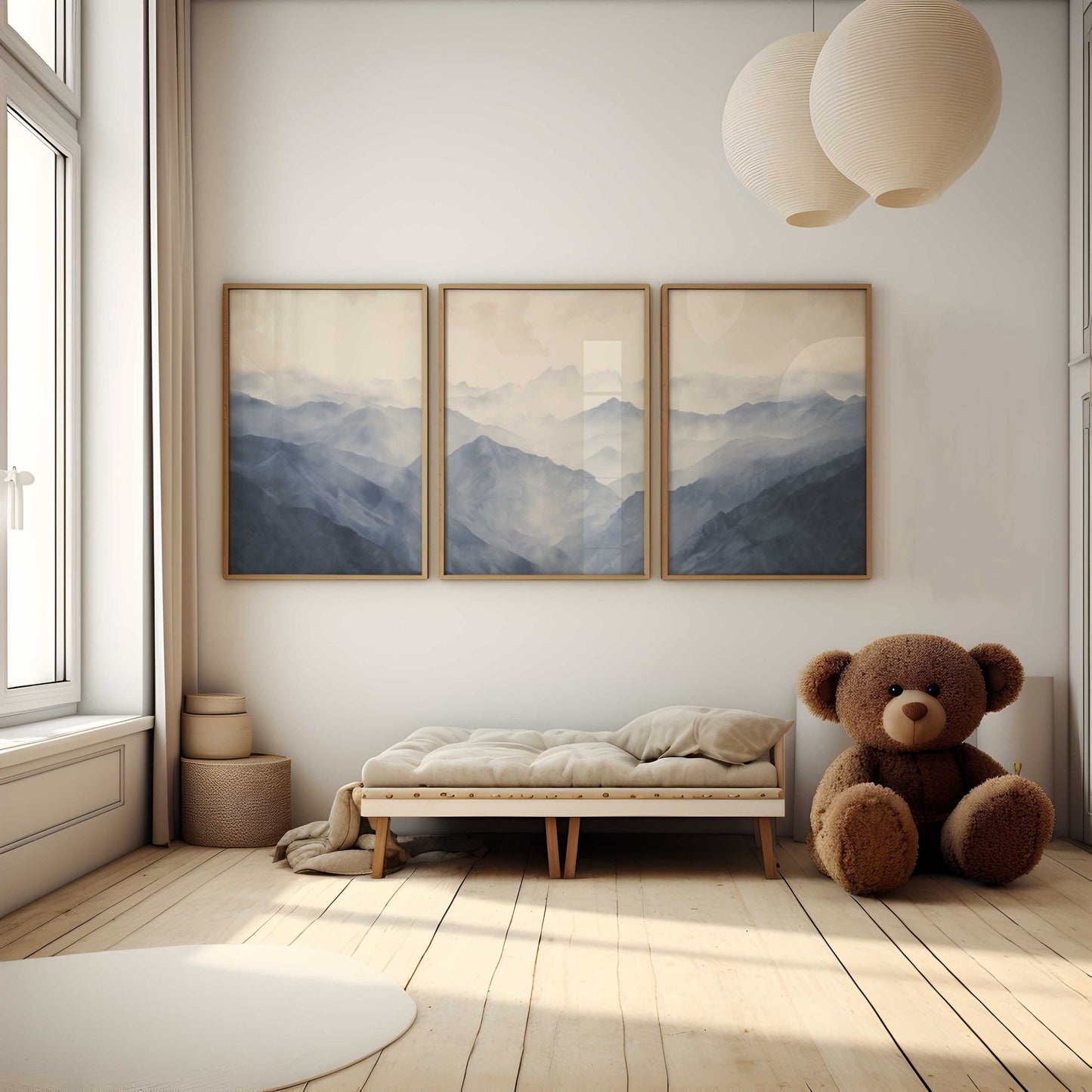 Foggy Blue Mountains Triptych Art, Minimalist Vintage Decor for Nursery - WildfieldPrints
