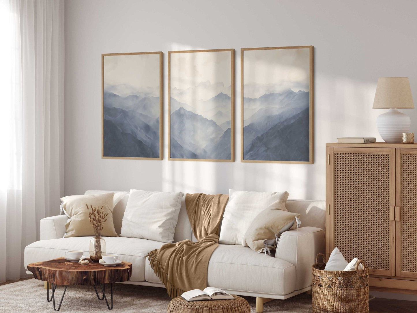Foggy Blue Mountains Triptych Art, Minimalist Vintage Decor for Nursery - WildfieldPrints