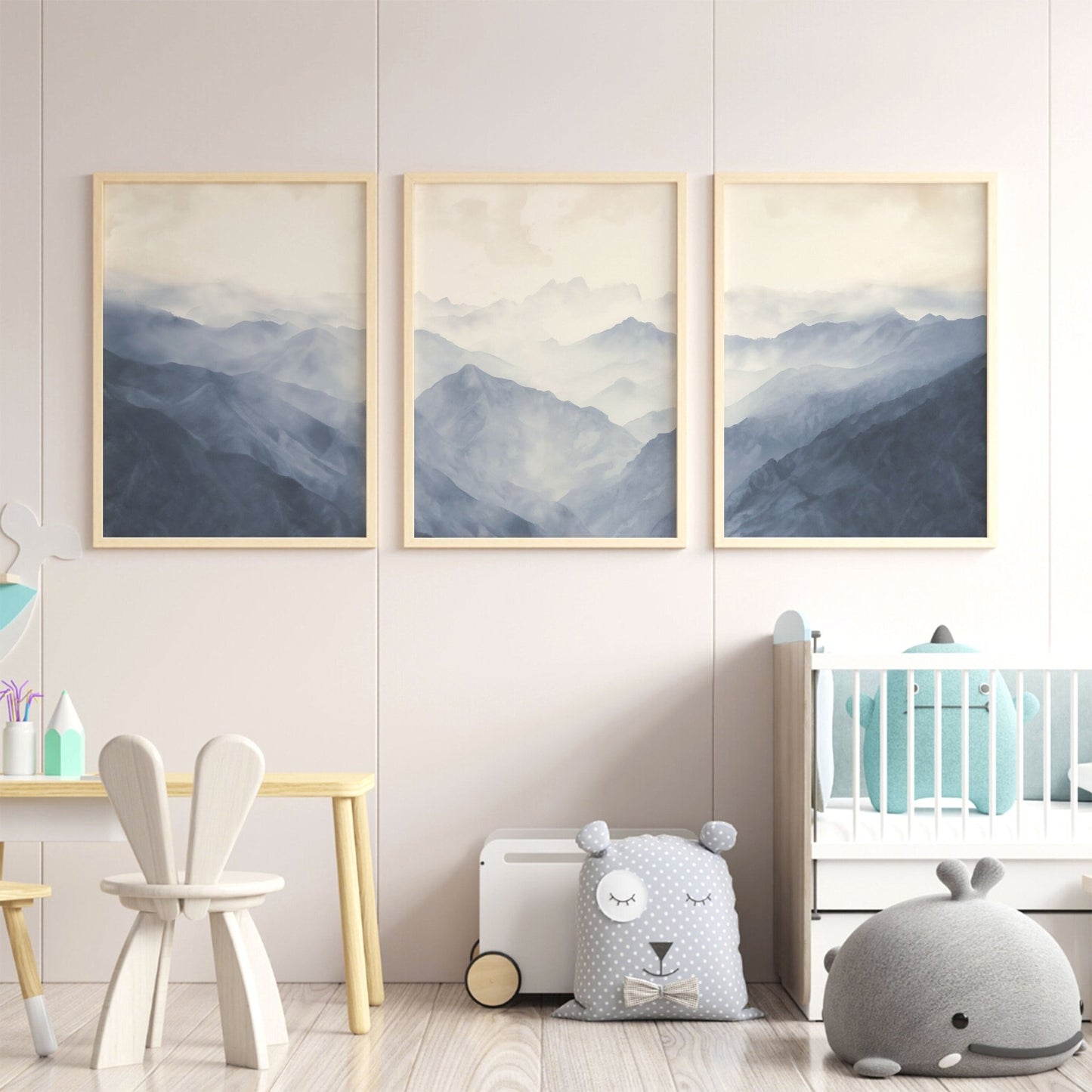 Foggy Blue Mountains Triptych Art, Minimalist Vintage Decor for Nursery - WildfieldPrints