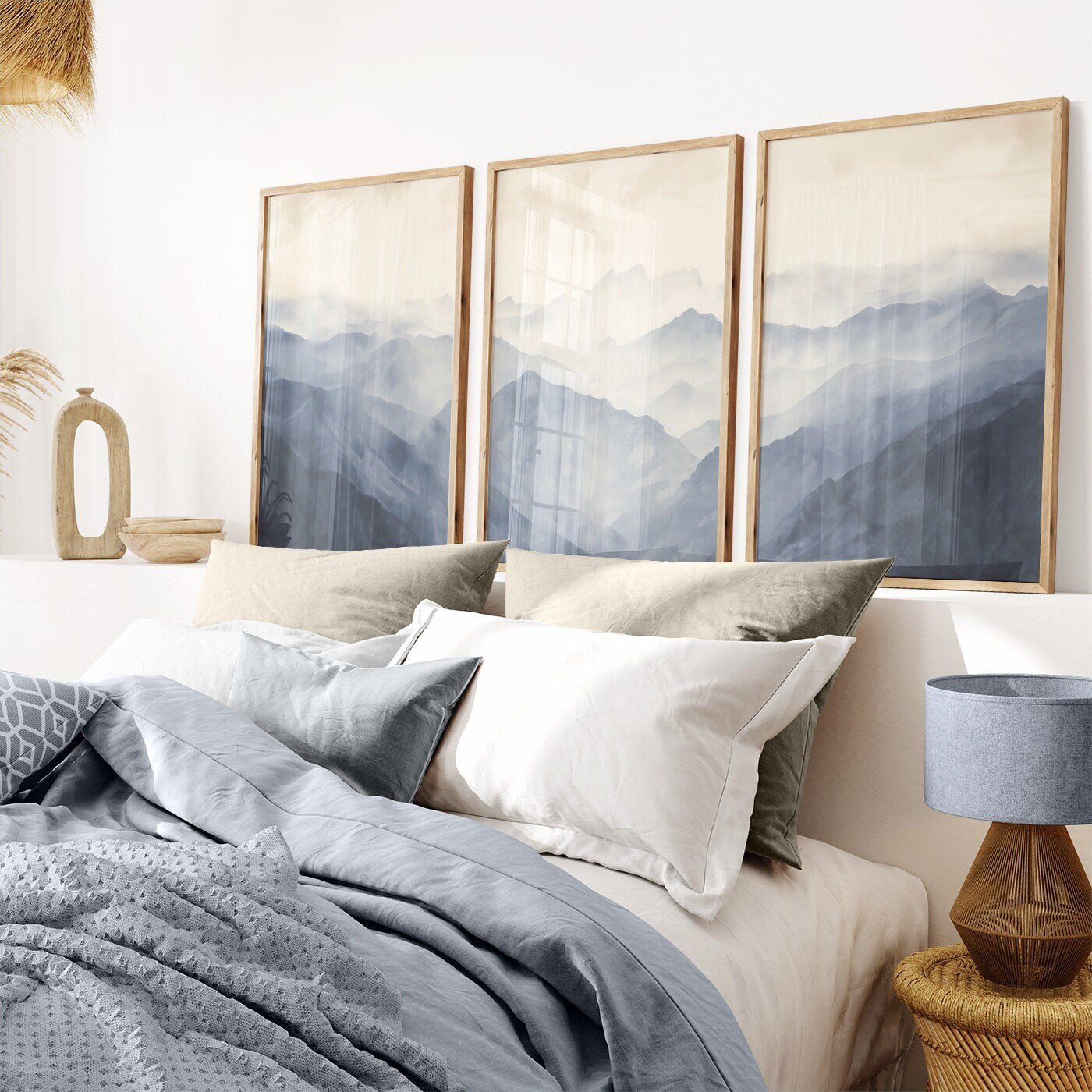 Foggy Blue Mountains Triptych Art, Minimalist Vintage Decor for Nursery - WildfieldPrints