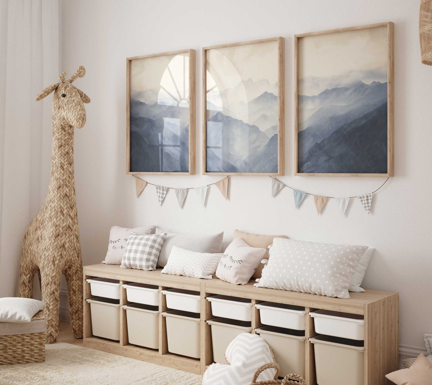 Foggy Blue Mountains Triptych Art, Minimalist Vintage Decor for Nursery - WildfieldPrints