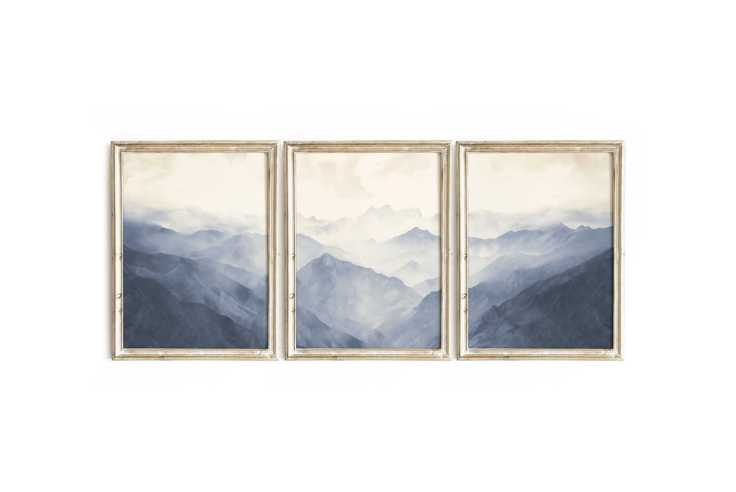 Foggy Blue Mountains Triptych Art, Minimalist Vintage Decor for Nursery - WildfieldPrints
