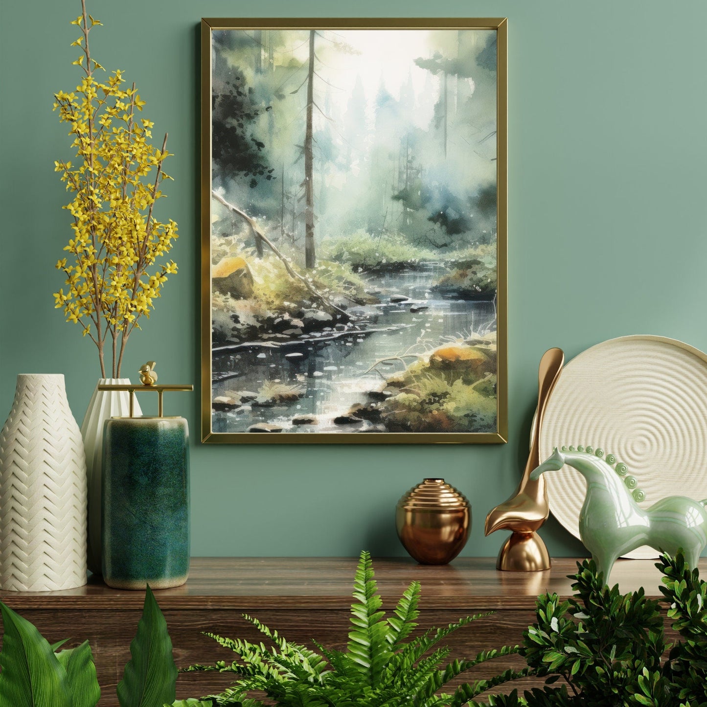 Forest Stream Wall Art, Watercolor Landscape Decor, Nature Print - WildfieldPrints