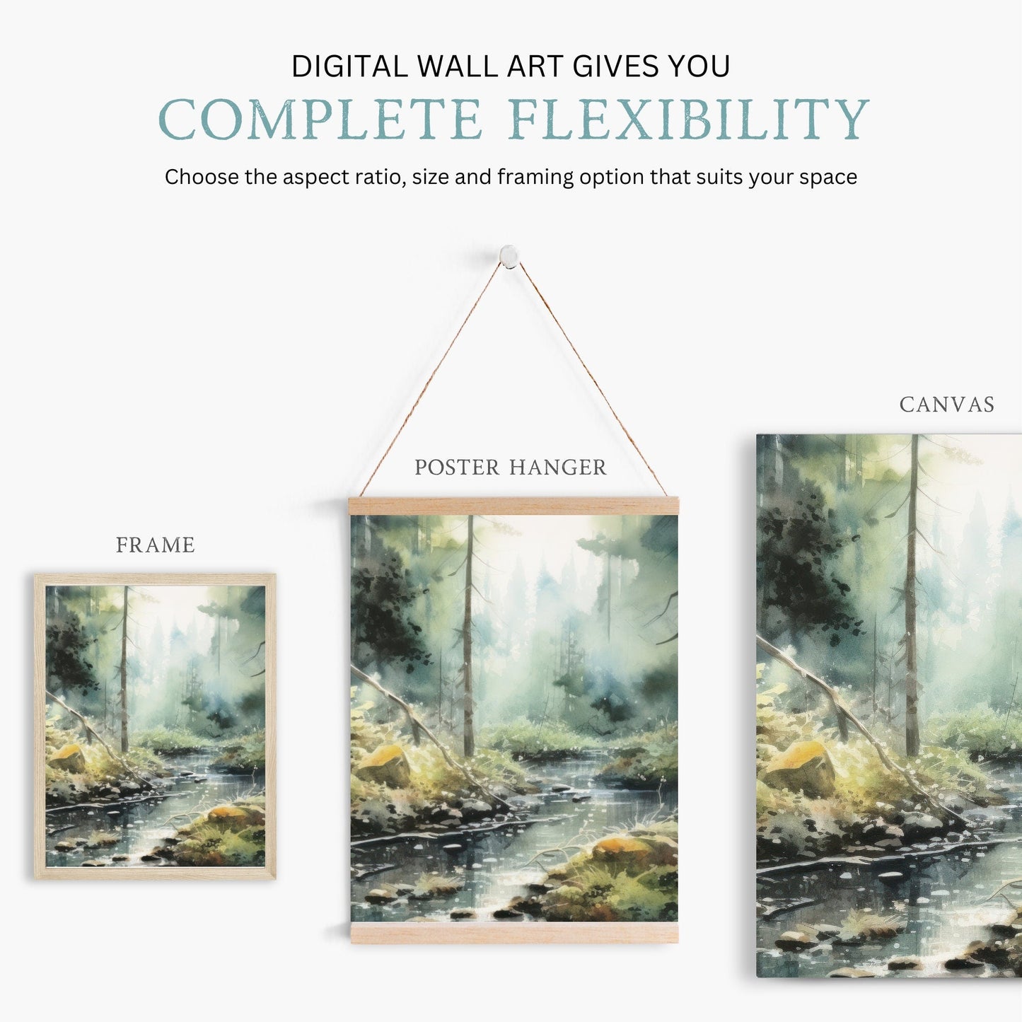 Forest Stream Wall Art, Watercolor Landscape Decor, Nature Print - WildfieldPrints