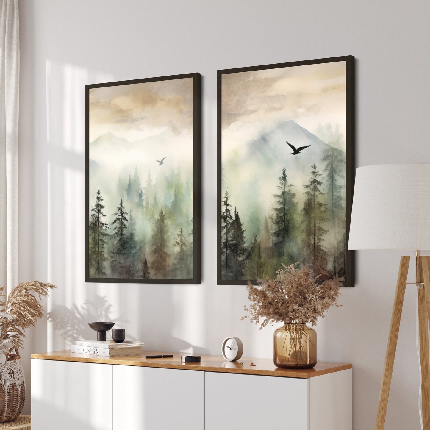 Forest Wall Art, Misty Mountain Watercolor Landscape, Green Moody Decor - WildfieldPrints