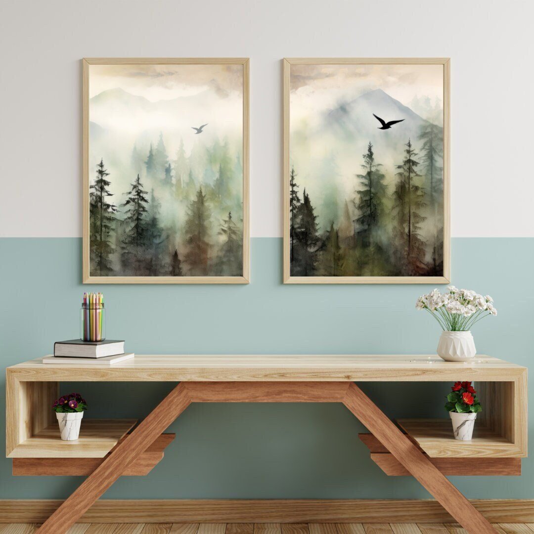 Forest Wall Art, Misty Mountain Watercolor Landscape, Green Moody Decor - WildfieldPrints