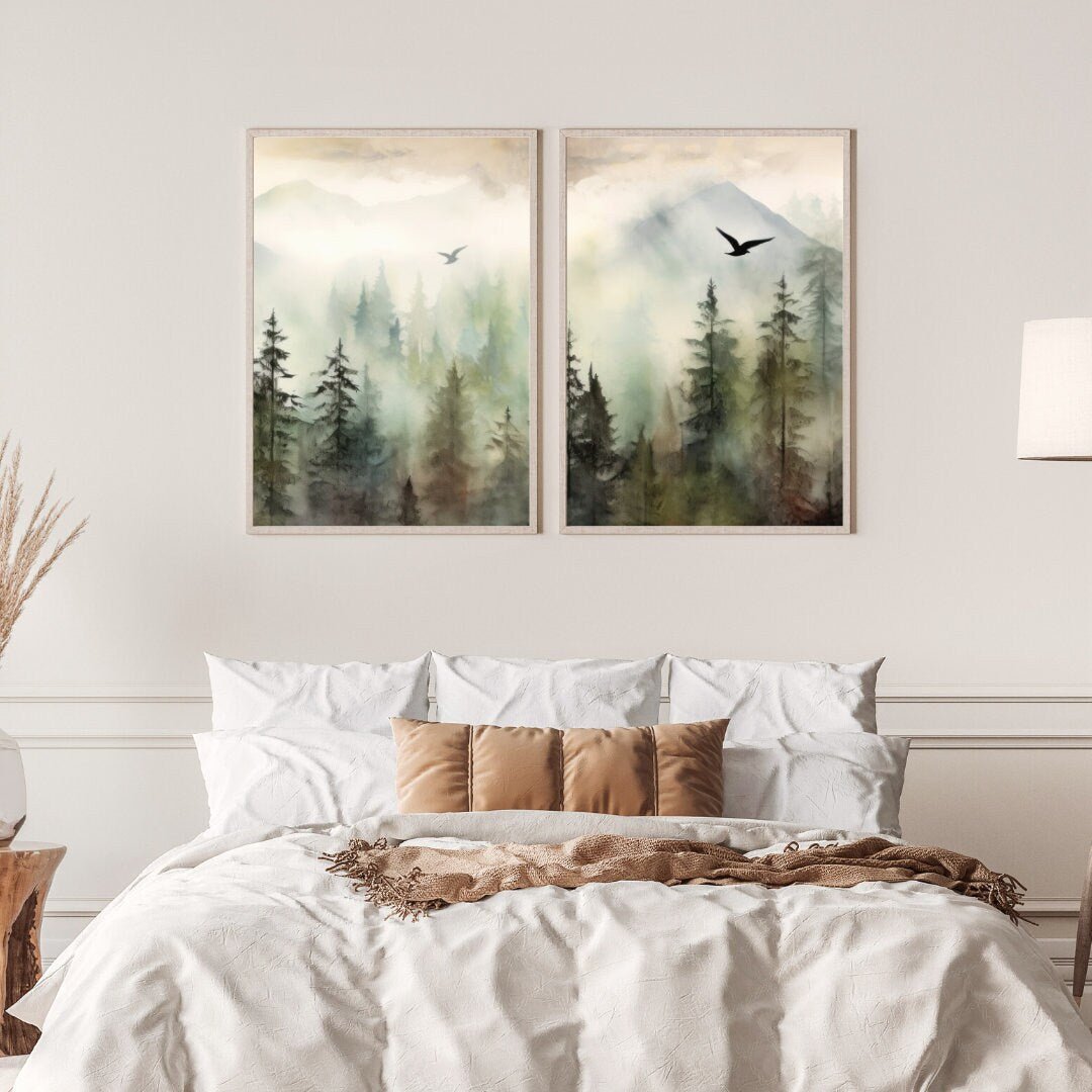 Forest Wall Art, Misty Mountain Watercolor Landscape, Green Moody Decor - WildfieldPrints