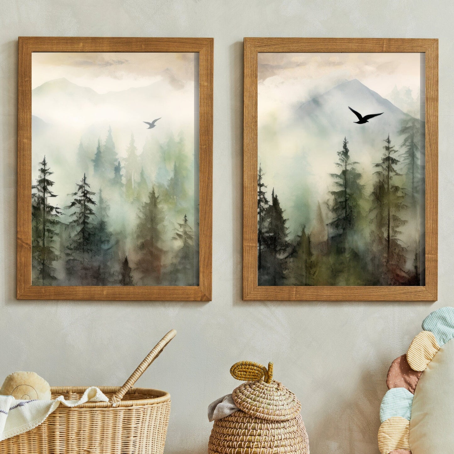 Forest Wall Art, Misty Mountain Watercolor Landscape, Green Moody Decor - WildfieldPrints