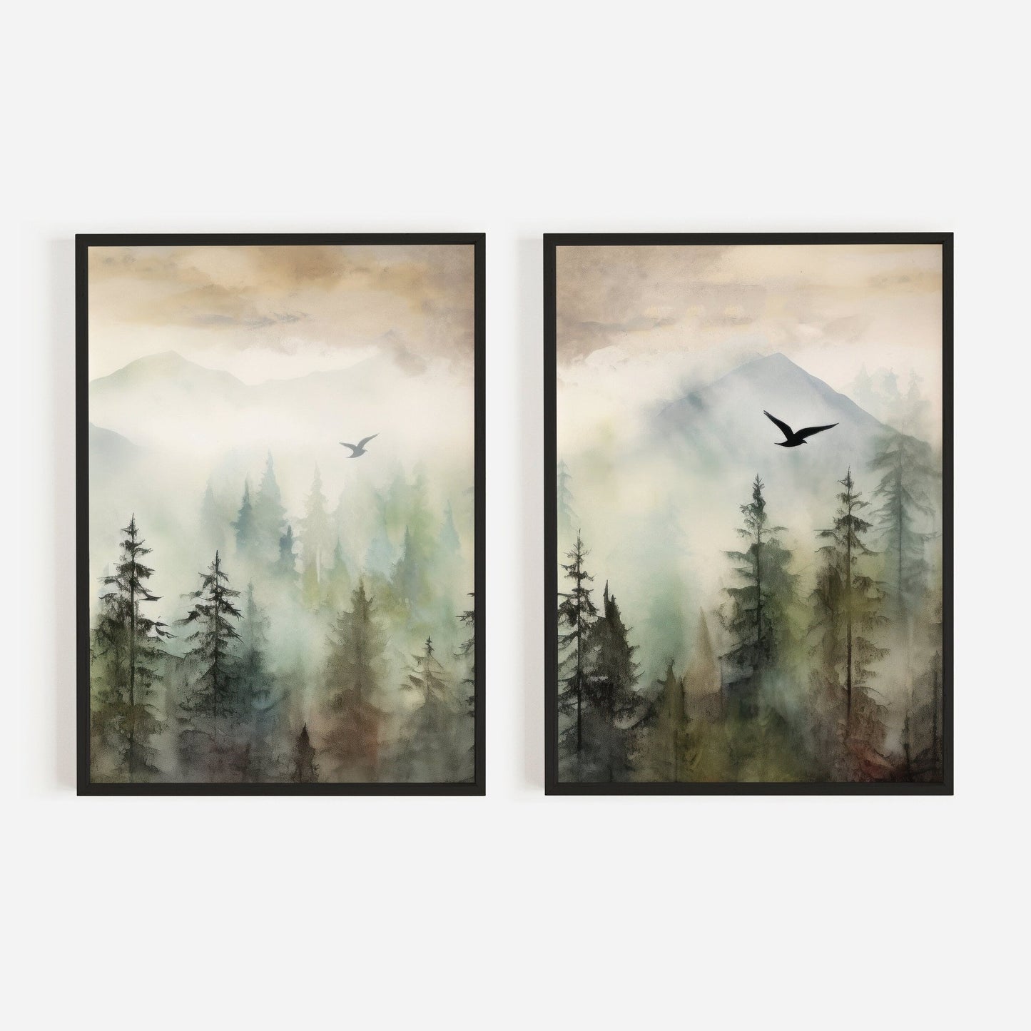 Forest Wall Art, Misty Mountain Watercolor Landscape, Green Moody Decor - WildfieldPrints