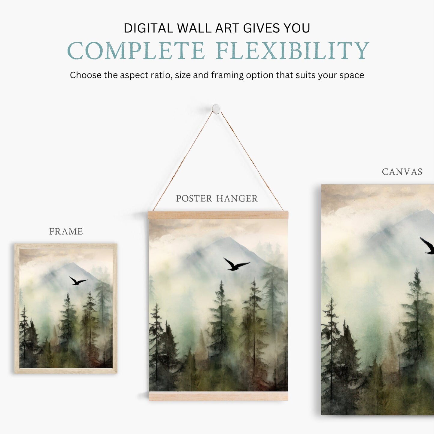 Forest Wall Art, Misty Mountain Watercolor Landscape, Green Moody Decor - WildfieldPrints