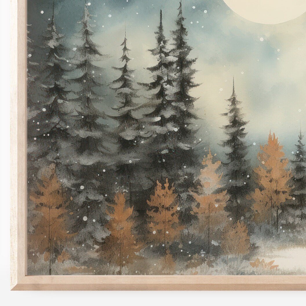 Forest Wall Art, Moody Watercolor Landscape Decor, Full Moon Print - WildfieldPrints