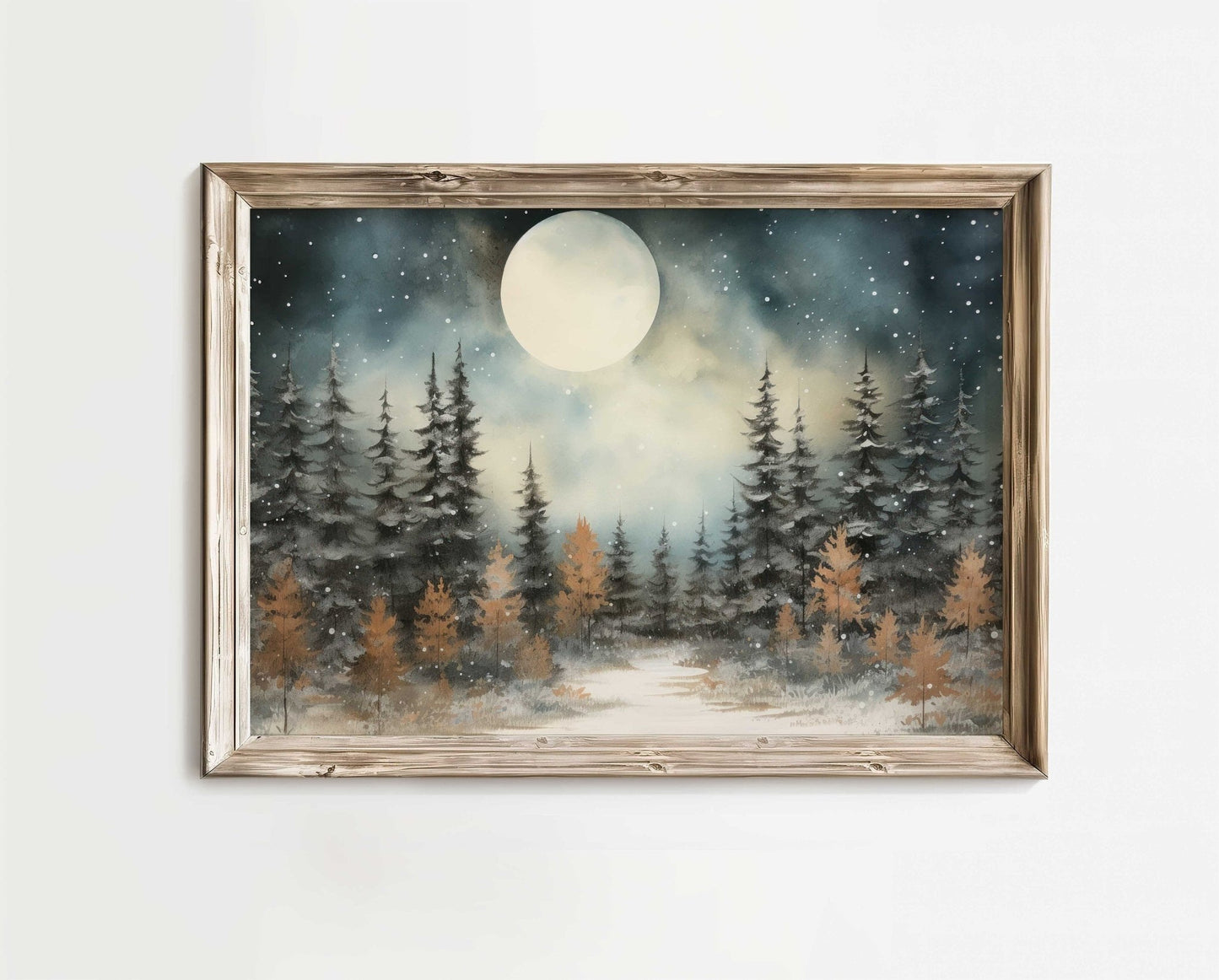 Forest Wall Art, Moody Watercolor Landscape Decor, Full Moon Print - WildfieldPrints